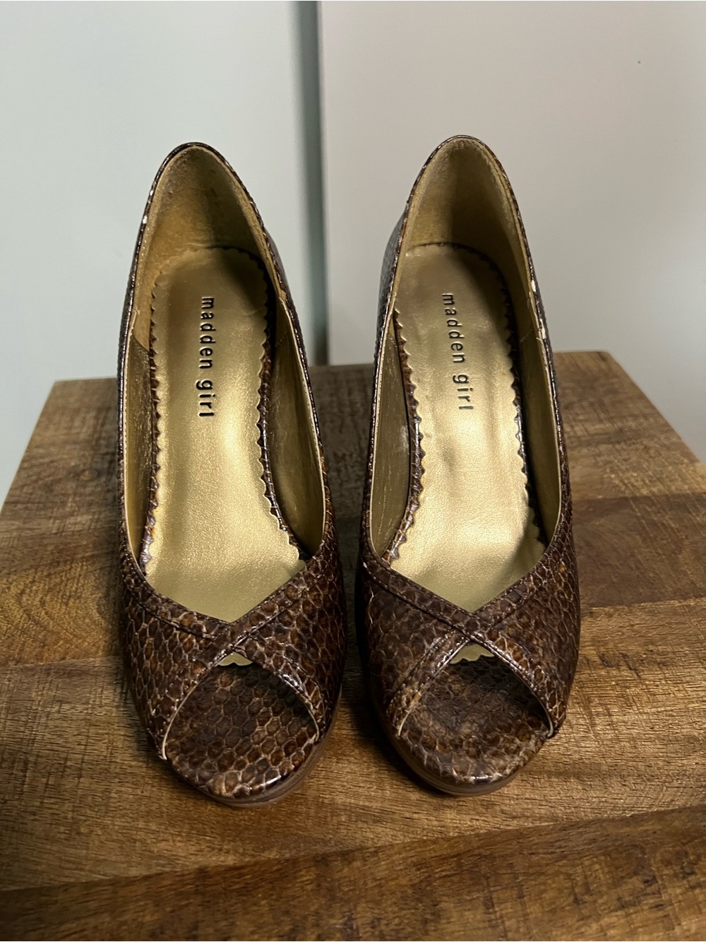 Madden Girl Brown Snake-Print Peep Toe Heels